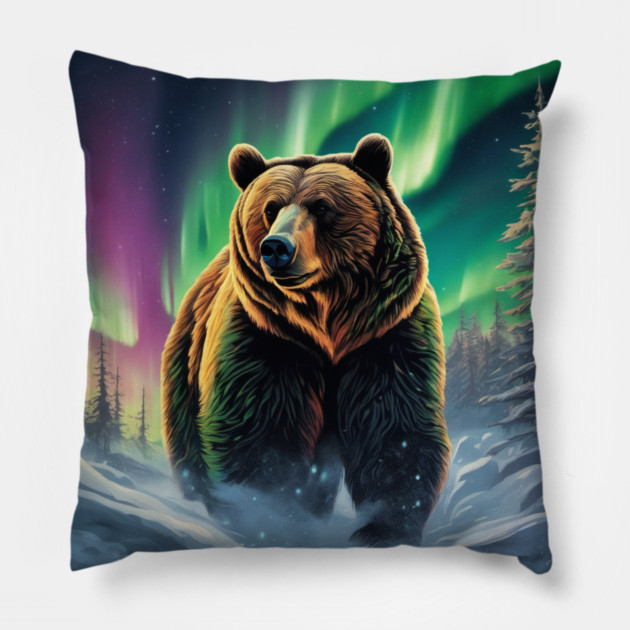 Brown Bear with Forest and Borealis, Colorful, Beautiful Pillow by BirdsnStuff