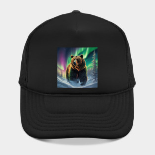 Brown Bear with Forest and Borealis, Colorful, Beautiful Hat