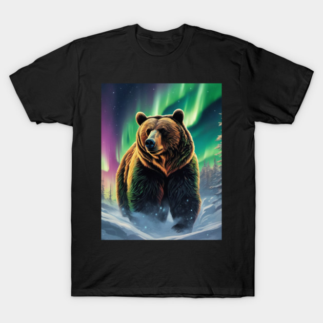 Brown Bear with Forest and Borealis, Colorful, Beautiful T-Shirt by BirdsnStuff
