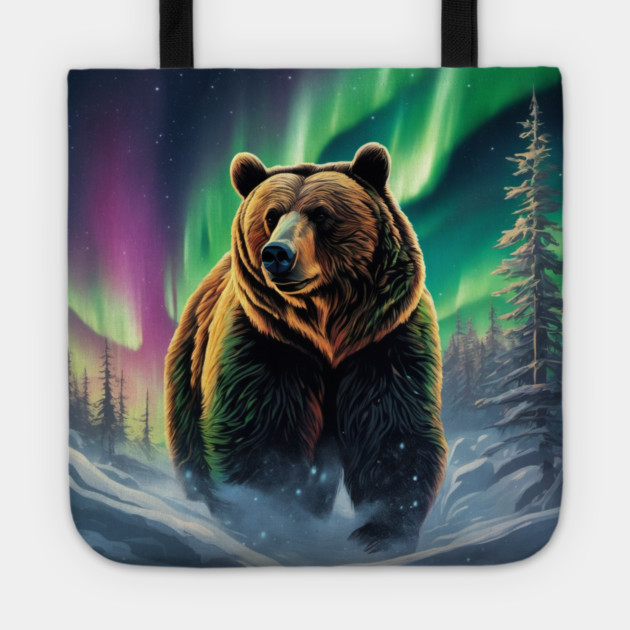 Brown Bear with Forest and Borealis, Colorful, Beautiful Tote by BirdsnStuff
