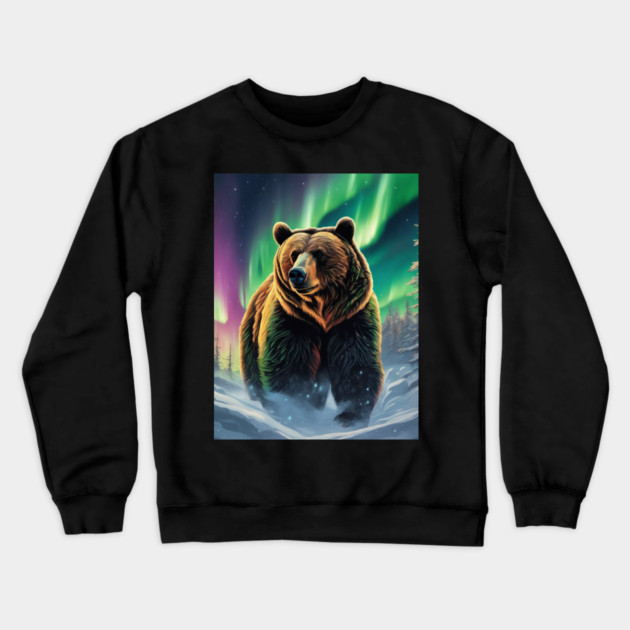 Brown Bear with Forest and Borealis, Colorful, Beautiful Crewneck Sweatshirt by BirdsnStuff