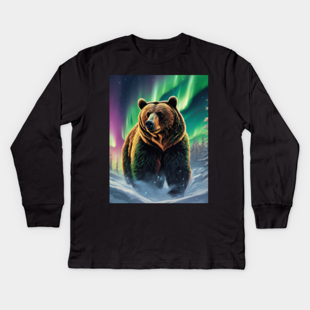Brown Bear with Forest and Borealis, Colorful, Beautiful Kids Long Sleeve T-Shirt by BirdsnStuff