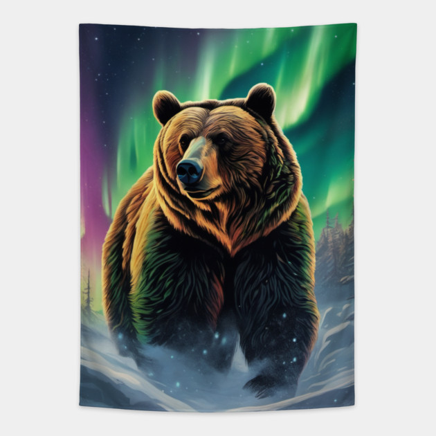 Brown Bear with Forest and Borealis, Colorful, Beautiful Tapestry by BirdsnStuff