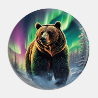 Brown Bear with Forest and Borealis, Colorful, Beautiful Pin