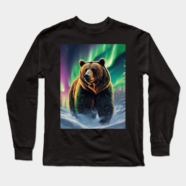 Brown Bear with Forest and Borealis, Colorful, Beautiful Long Sleeve T-Shirt by BirdsnStuff