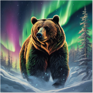 Brown Bear with Forest and Borealis, Colorful, Beautiful Posters and Art
