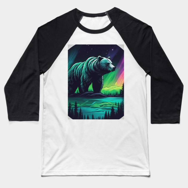 Brown Bear with Forest and Borealis, Colorful, Beautiful Baseball T-Shirt by BirdsnStuff