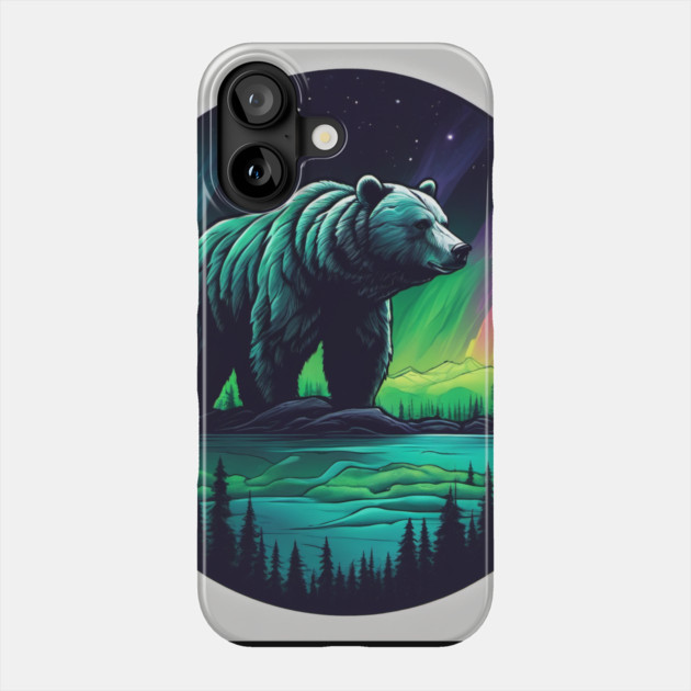 Brown Bear with Forest and Borealis, Colorful, Beautiful Phone Case by BirdsnStuff
