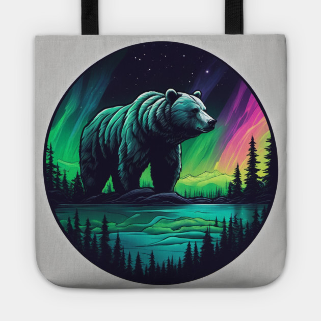 Brown Bear with Forest and Borealis, Colorful, Beautiful Tote by BirdsnStuff