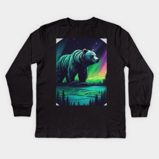 Brown Bear with Forest and Borealis, Colorful, Beautiful Kids Long Sleeve T-Shirt