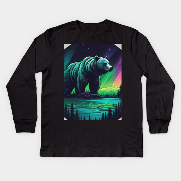 Brown Bear with Forest and Borealis, Colorful, Beautiful Kids Long Sleeve T-Shirt by BirdsnStuff