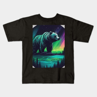 Brown Bear with Forest and Borealis, Colorful, Beautiful Kids T-Shirt