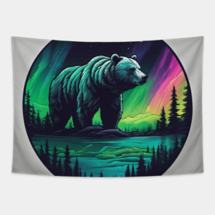Brown Bear with Forest and Borealis, Colorful, Beautiful Tapestry