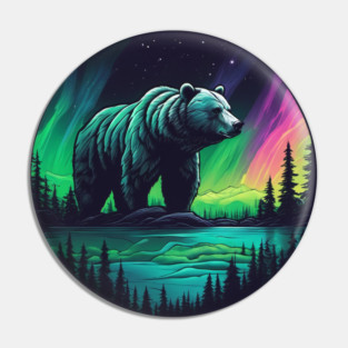 Brown Bear with Forest and Borealis, Colorful, Beautiful Pin