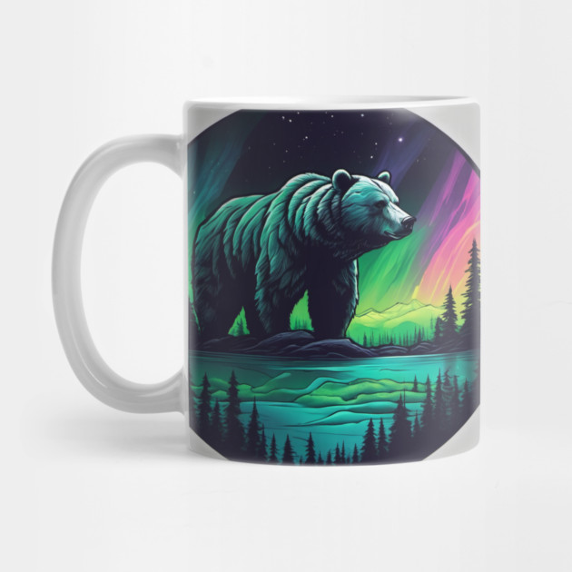 Brown Bear with Forest and Borealis, Colorful, Beautiful by BirdsnStuff