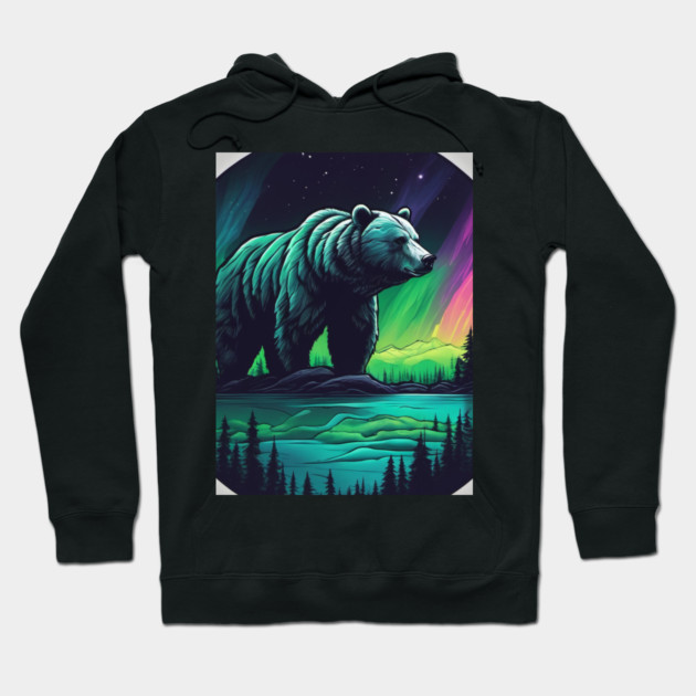 Brown Bear with Forest and Borealis, Colorful, Beautiful Hoodie by BirdsnStuff