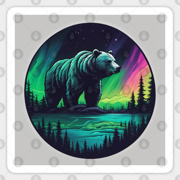 Brown Bear with Forest and Borealis, Colorful, Beautiful Sticker by BirdsnStuff