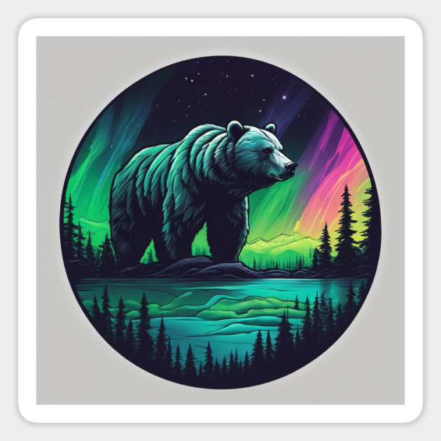 Brown Bear with Forest and Borealis, Colorful, Beautiful Magnet by BirdsnStuff