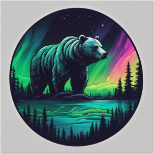 Brown Bear with Forest and Borealis, Colorful, Beautiful Posters and Art