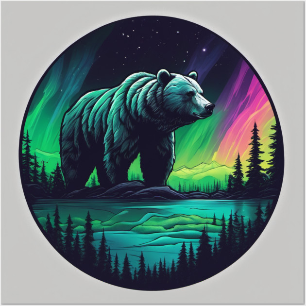 Brown Bear with Forest and Borealis, Colorful, Beautiful Wall Art by BirdsnStuff