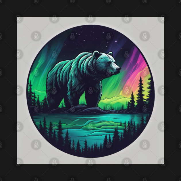 Brown Bear with Forest and Borealis, Colorful, Beautiful by BirdsnStuff