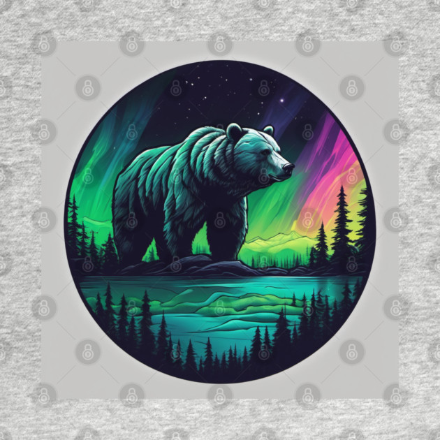 Brown Bear with Forest and Borealis, Colorful, Beautiful by BirdsnStuff