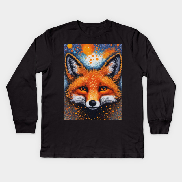 Red Fox, Pointillism Painting, Colorful Kids Long Sleeve T-Shirt by BirdsnStuff