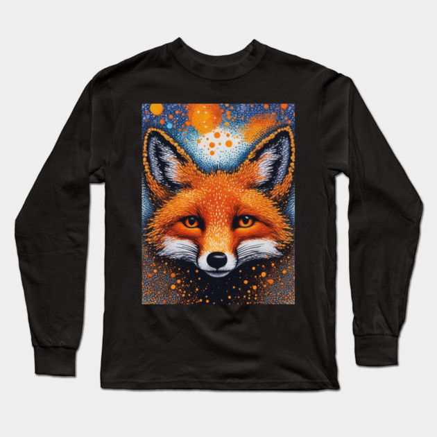 Red Fox, Pointillism Painting, Colorful Long Sleeve T-Shirt by BirdsnStuff