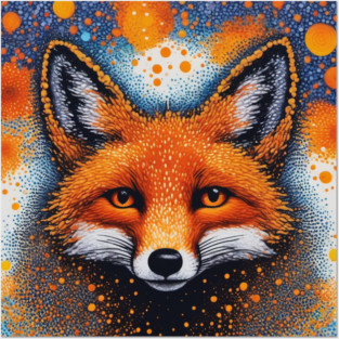 Red Fox, Pointillism Painting, Colorful Posters and Art