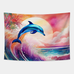 Dolphin Painting in Water Color, Beautiful, Colorful Tapestry