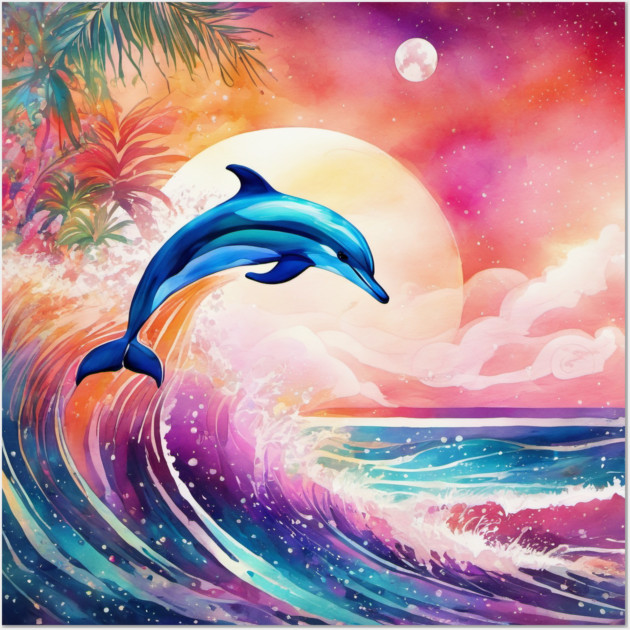Dolphin Painting in Water Color, Beautiful, Colorful Wall Art by BirdsnStuff