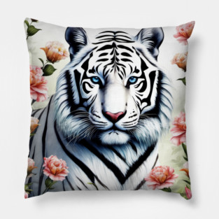 White Tiger with Flowers, Colorful, Beautiful Pillow