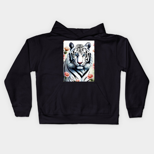 White Tiger with Flowers, Colorful, Beautiful Kids Hoodie by BirdsnStuff