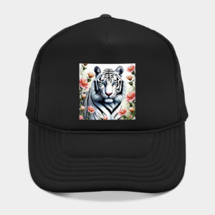 White Tiger with Flowers, Colorful, Beautiful Hat