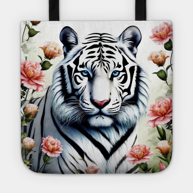 White Tiger with Flowers, Colorful, Beautiful Tote by BirdsnStuff