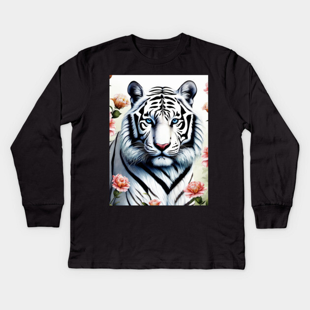 White Tiger with Flowers, Colorful, Beautiful Kids Long Sleeve T-Shirt by BirdsnStuff