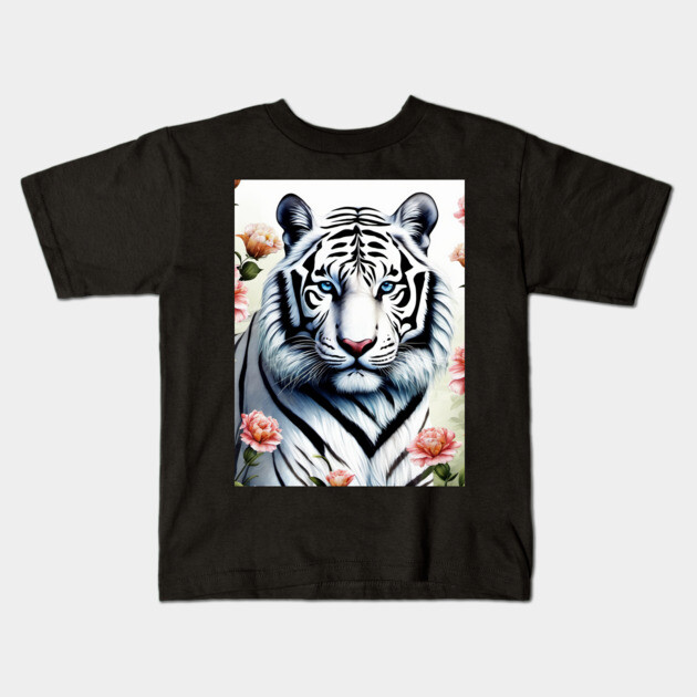 White Tiger with Flowers, Colorful, Beautiful Kids T-Shirt by BirdsnStuff