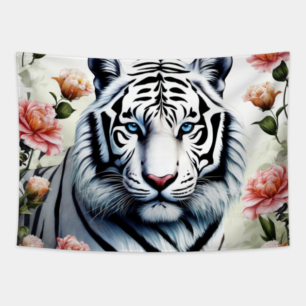 White Tiger with Flowers, Colorful, Beautiful Tapestry by BirdsnStuff