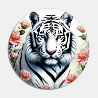 White Tiger with Flowers, Colorful, Beautiful Pin