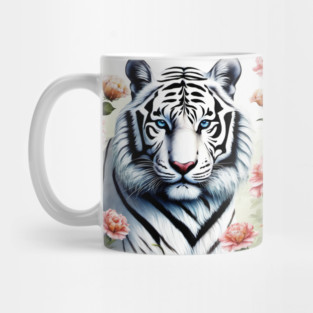 White Tiger with Flowers, Colorful, Beautiful Mug