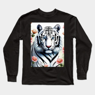 White Tiger with Flowers, Colorful, Beautiful Long Sleeve T-Shirt