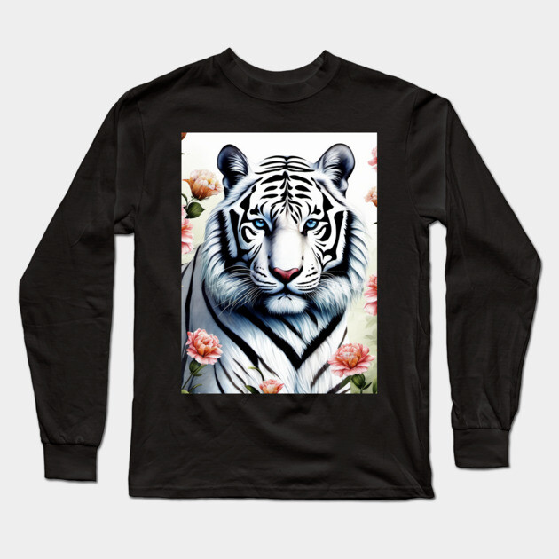 White Tiger with Flowers, Colorful, Beautiful Long Sleeve T-Shirt by BirdsnStuff