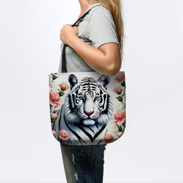 White Tiger with Flowers, Colorful, Beautiful by BirdsnStuff