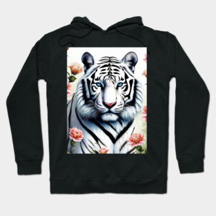 White Tiger with Flowers, Colorful, Beautiful Hoodie