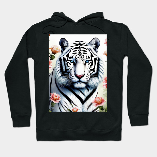 White Tiger with Flowers, Colorful, Beautiful Hoodie by BirdsnStuff