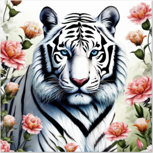 White Tiger with Flowers, Colorful, Beautiful Posters and Art