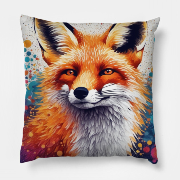 Red Fox, Pointillism Painting, Colorful, Beautiful Pillow by BirdsnStuff