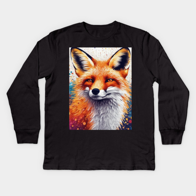 Red Fox, Pointillism Painting, Colorful, Beautiful Kids Long Sleeve T-Shirt by BirdsnStuff