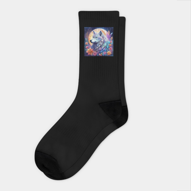Mystical Wolf with Flowers, Full Moon, Colorful, Beautiful Socks by BirdsnStuff