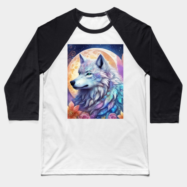 Mystical Wolf with Flowers, Full Moon, Colorful, Beautiful Baseball T-Shirt by BirdsnStuff